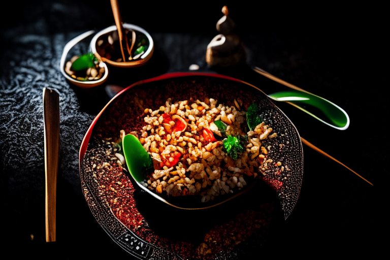 An overhead view of Khao Pad Prik (Thai Spicy Basil Fried Rice) decorated with Thai ornaments, chopsticks and a spoon on a table in a luxurious Thai restaurant, bright studio lighting, razor-sharp focus