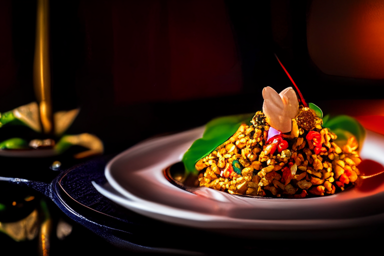 A plate of Khao Pad Prik (Thai Spicy Basil Fried Rice) decorated with Thai ornaments on a table in a luxurious Thai restaurant, bright studio lighting, razor-sharp focus