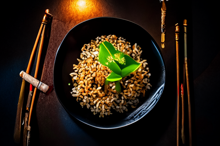 An overhead view of Khao Pad Prik (Thai Spicy Basil Fried Rice) decorated with Thai ornaments, chopsticks and a spoon on a table in a luxurious Thai restaurant, bright studio lighting, razor-sharp focus