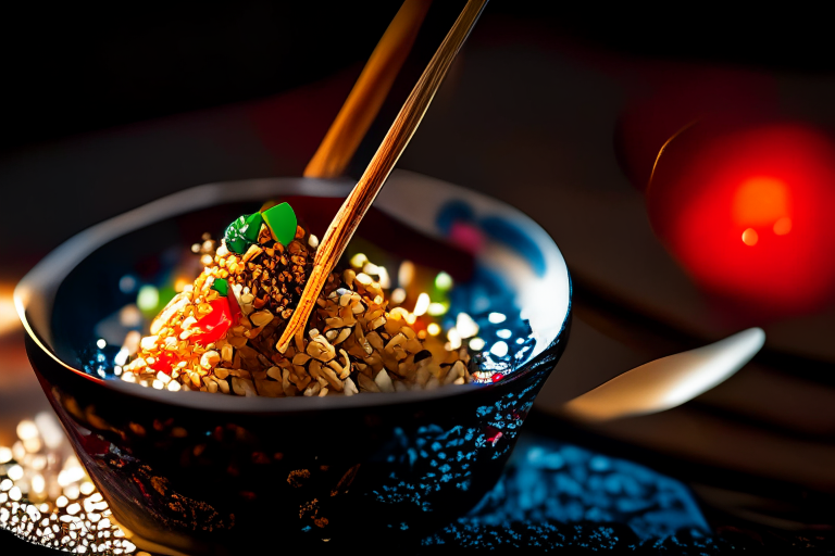 A close up of Khao Pad Prik (Thai Spicy Basil Fried Rice) decorated with Thai ornaments, chopsticks and a spoon on a table in a luxurious Thai restaurant, bright studio lighting, razor-sharp focus