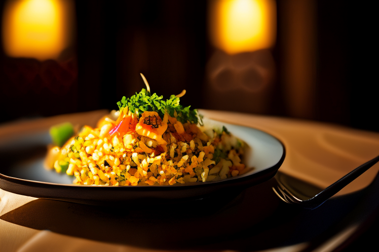 A plate of Khao Pad Sapparod (Thai Pineapple Fried Rice) decorated with Thai ornaments on a table in a luxurious Thai restaurant, bright studio lighting, razor-sharp focus