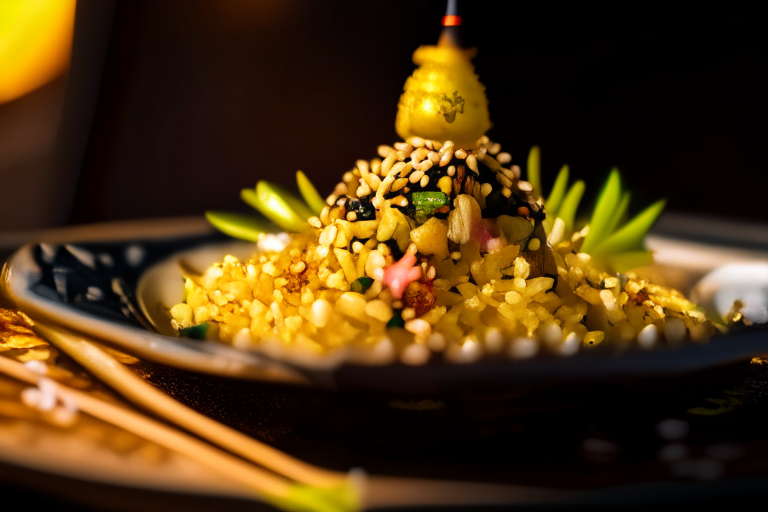 A close up of Khao Pad Sapparod (Thai Pineapple Fried Rice) decorated with Thai ornaments, chopsticks and a spoon on a table in a luxurious Thai restaurant, bright studio lighting, razor-sharp focus