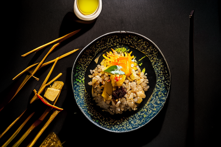 An overhead view of Khao Pad Sapparod (Thai Pineapple Fried Rice) decorated with Thai ornaments, chopsticks and a spoon on a table in a luxurious Thai restaurant, bright studio lighting, razor-sharp focus