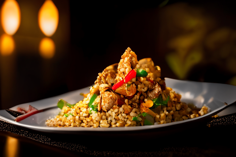 A plate of Khao Pad Gai (Thai Chicken Fried Rice) decorated with Thai ornaments on a table in a luxurious Thai restaurant, bright studio lighting, razor-sharp focus