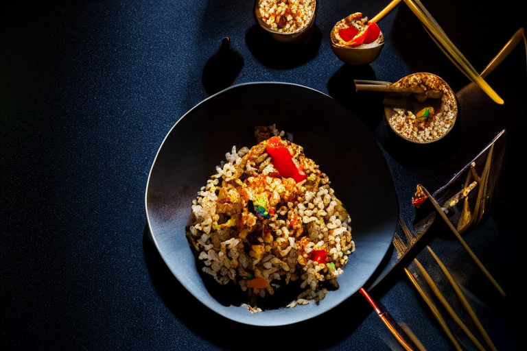 An overhead view of Khao Pad Gai (Thai Chicken Fried Rice) decorated with Thai ornaments, chopsticks and a spoon on a table in a luxurious Thai restaurant, bright studio lighting, razor-sharp focus