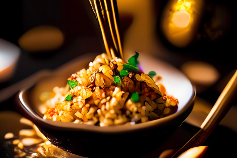 A close up of Khao Pad Gai (Thai Chicken Fried Rice) decorated with Thai ornaments, chopsticks and a spoon on a table in a luxurious Thai restaurant, bright studio lighting, razor-sharp focus