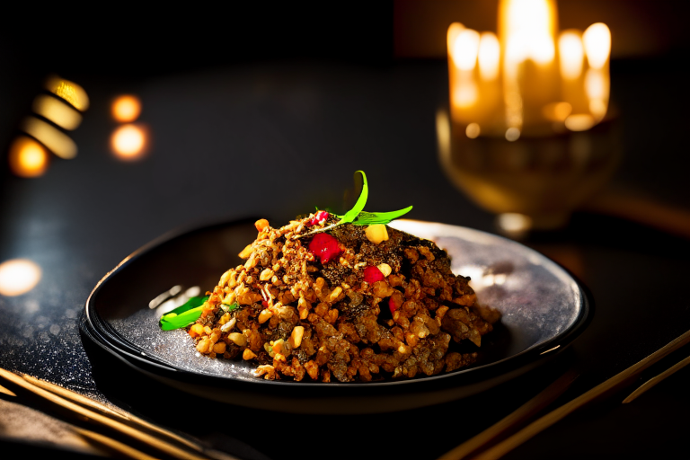 A plate of Khao Pad Moo (Thai Pork Fried Rice) decorated with Thai ornaments on a table in a luxurious Thai restaurant, bright studio lighting, razor-sharp focus