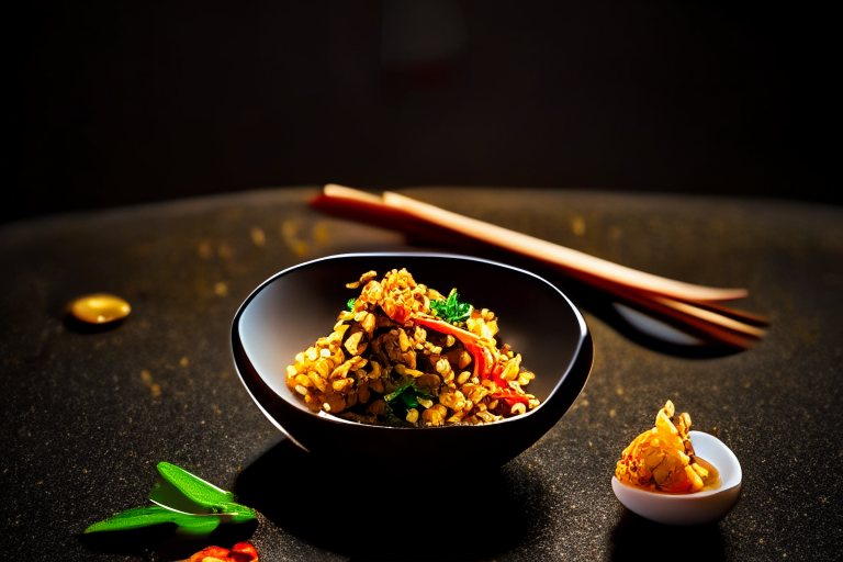 An overhead view of Khao Pad Moo (Thai Pork Fried Rice) decorated with Thai ornaments, chopsticks and a spoon on a table in a luxurious Thai restaurant, bright studio lighting, razor-sharp focus