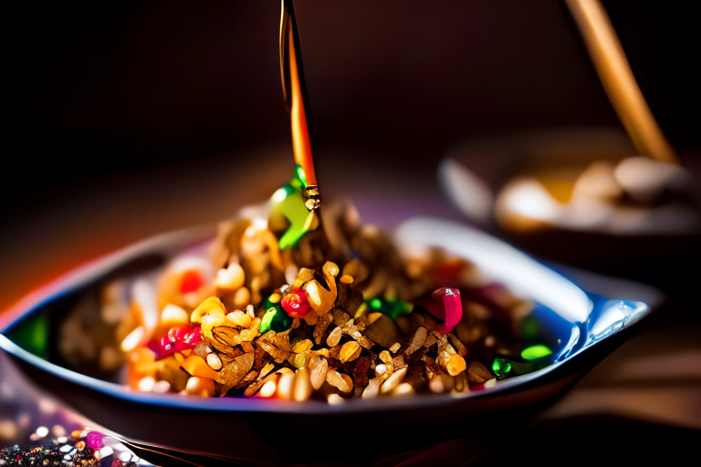 A close up of Khao Pad Moo (Thai Pork Fried Rice) decorated with Thai ornaments, chopsticks and a spoon on a table in a luxurious Thai restaurant, bright studio lighting, razor-sharp focus