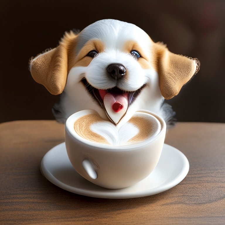 a happy puppy drinking a latte with heart-shaped foam art