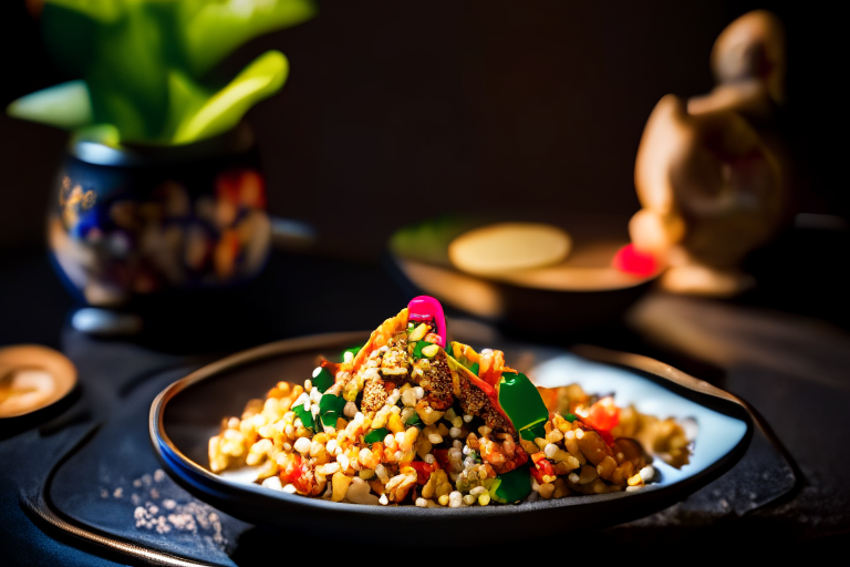 A plate of Khao Pad Talay (Thai Seafood Fried Rice) decorated with Thai ornaments on a table in a luxurious Thai restaurant, bright studio lighting, razor-sharp focus