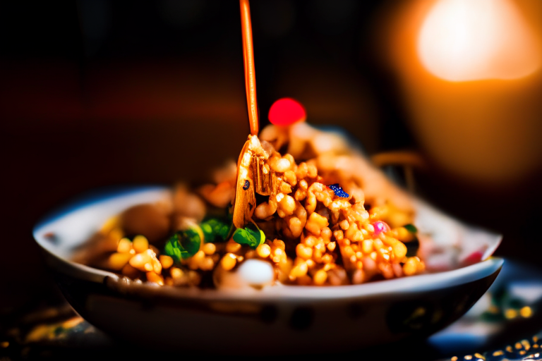 A close up of Khao Pad Talay (Thai Seafood Fried Rice) decorated with Thai ornaments, chopsticks and a spoon on a table in a luxurious Thai restaurant, bright studio lighting, razor-sharp focus