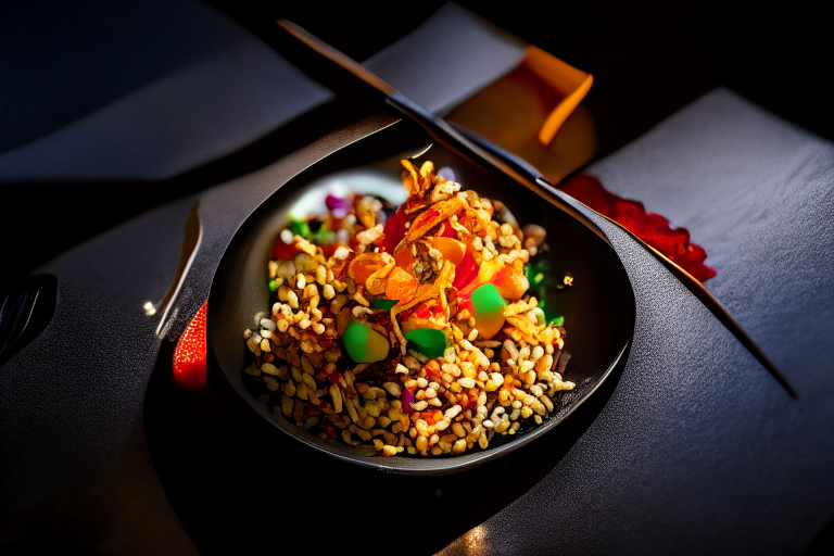 An overhead view of Khao Pad Talay (Thai Seafood Fried Rice) decorated with Thai ornaments, chopsticks and a spoon on a table in a luxurious Thai restaurant, bright studio lighting, razor-sharp focus