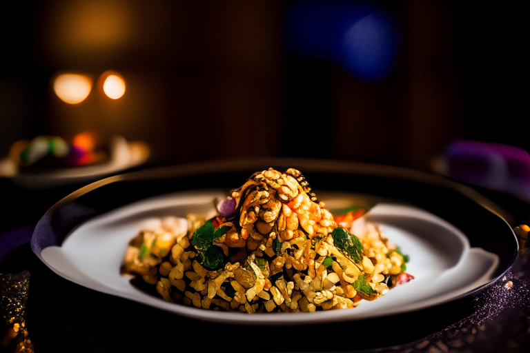 A plate of Khao Pad Talay (Thai Seafood Fried Rice) decorated with Thai ornaments on a table in a luxurious Thai restaurant, bright studio lighting, razor-sharp focus