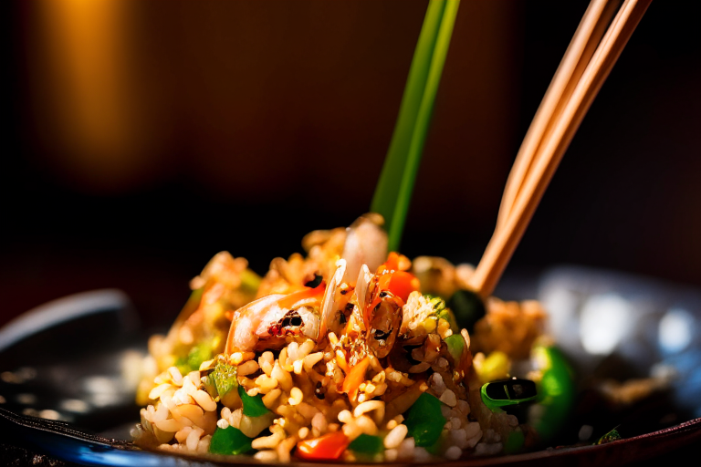 A close up of Khao Pad Talay (Thai Seafood Fried Rice) decorated with Thai ornaments, chopsticks and a spoon on a table in a luxurious Thai restaurant, bright studio lighting, razor-sharp focus