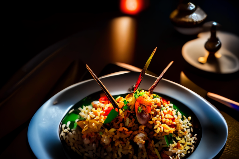 An overhead view of Khao Pad Talay (Thai Seafood Fried Rice) decorated with Thai ornaments, chopsticks and a spoon on a table in a luxurious Thai restaurant, bright studio lighting, razor-sharp focus