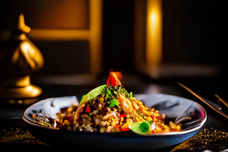 A plate of Khao Pad Talay (Thai Seafood Fried Rice) decorated with Thai ornaments on a table in a luxurious Thai restaurant, bright studio lighting, razor-sharp focus