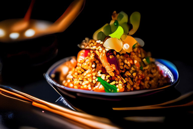A close up of Khao Pad Talay (Thai Seafood Fried Rice) decorated with Thai ornaments, chopsticks and a spoon on a table in a luxurious Thai restaurant, bright studio lighting, razor-sharp focus