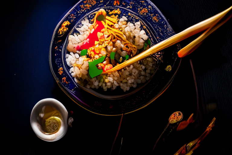 An overhead view of Khao Pad Talay (Thai Seafood Fried Rice) decorated with Thai ornaments, chopsticks and a spoon on a table in a luxurious Thai restaurant, bright studio lighting, razor-sharp focus