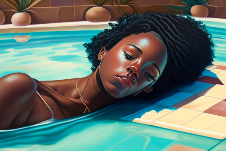 an extremely attractive young African American woman laying down next to a swimming pool