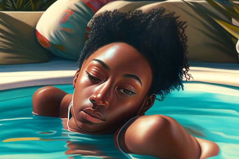 a photorealistic image of a young African American woman lounging poolside