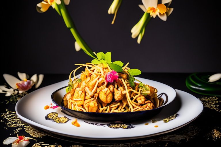 A plate of Pad Thai noodles with shrimp and tofu, decorated with orchids and served on a golden platter. Bright studio lighting, razor-sharp focus, minimal background. A plate of Pad Thai noodles with chicken and bean sprouts, decorated with lotus flowers and served on a lacquered tray. Bright studio lighting, razor-sharp focus, minimal background. A plate of Pad Thai noodles with egg and chives, decorated with bamboo and served on a woven mat. Bright studio lighting, razor-sharp focus, minimal background.