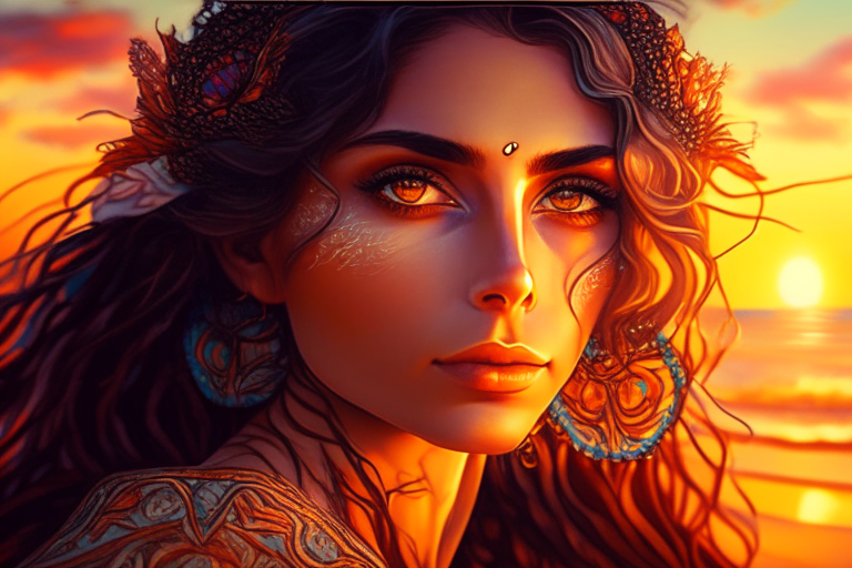 a exotic beautiful woman with hazel eyes, wearing stylish clothing, portrait at a beach during sunset, cinematic masterpiece inspired by Mucha and Klimt, vibrant colors, ultra high definition