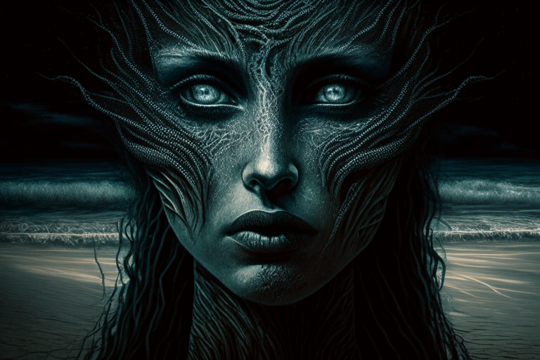 a stunning woman with intricate eyes, portrait at night on a beach, gritty stylized digital art inspired by H.R. Giger and Beksinski, highly detailed, ominous