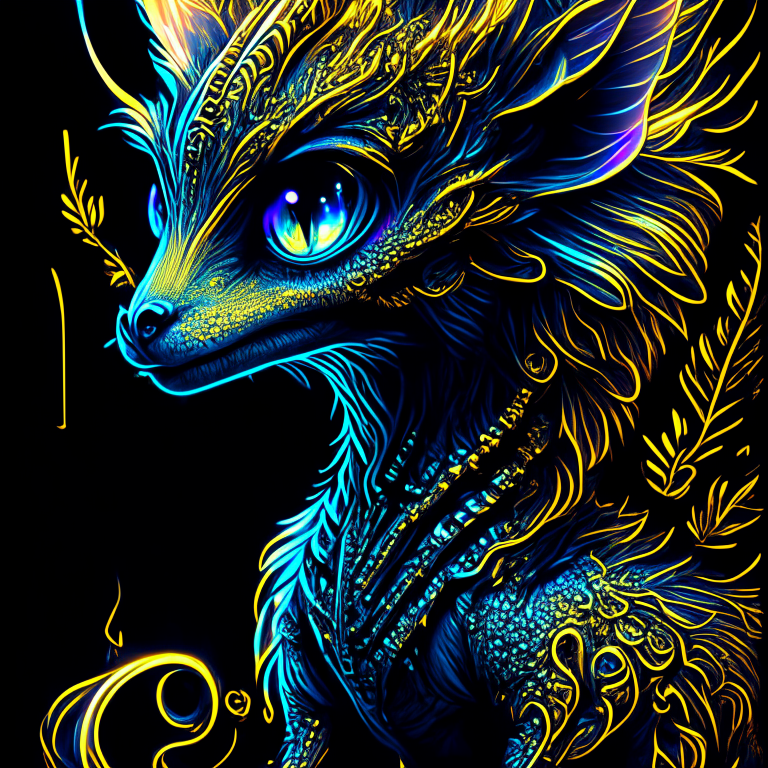 neon punk, Analog Style, Close Up Cute And Adorable Forest Dragon , Filigree, Long Striped Tail, Reflective Eyes, Blushing, Flowers, Rim Lighting, Lights, Extremely Fluffy, Detailed Eyes. Magic, Surreal, Fantasy, Digital Art, Alice In Wonderland Style, Wlop, Brian Froud, Intricate Artwork Masterpiece, Golden Ratio, Intricate, Trending On Artstation, Highly Detailed, Ultra High Quality Model, Story Book Style, Muted Colors, Watercolor Style