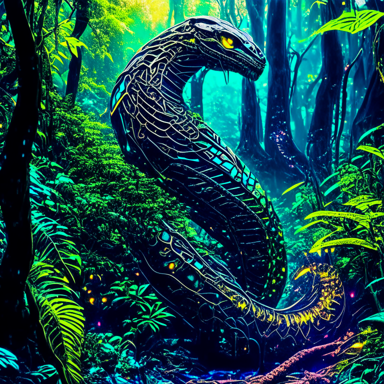 Intricate biomechanical cobra in an ancient jungle, luminism, uhd, ultra detailed, ultra high resolution, unreal engine 5, filigree, hyper realism, vibrant, carne griffiths. concept art, wide shot