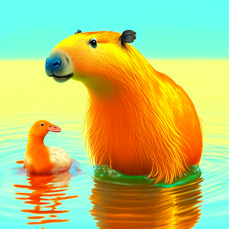 A capybara with duck in water, best quality, hyperrealistic. concept art, insanely detailed, Kodak Ultramax 800, golden