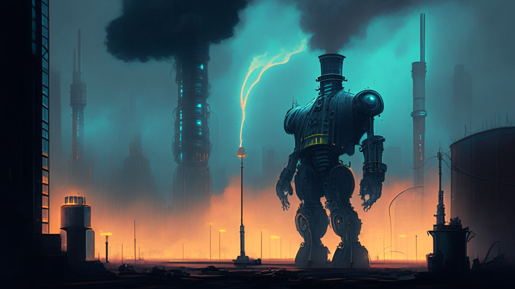 A towering Death Android in a dystopian industrial cityscape, with smokestacks, pipes and neon lights under a brooding sky. The Android has a cold metallic body with cogs, rivets and steam vents, reflecting a harsh future where progress and tradition collide.