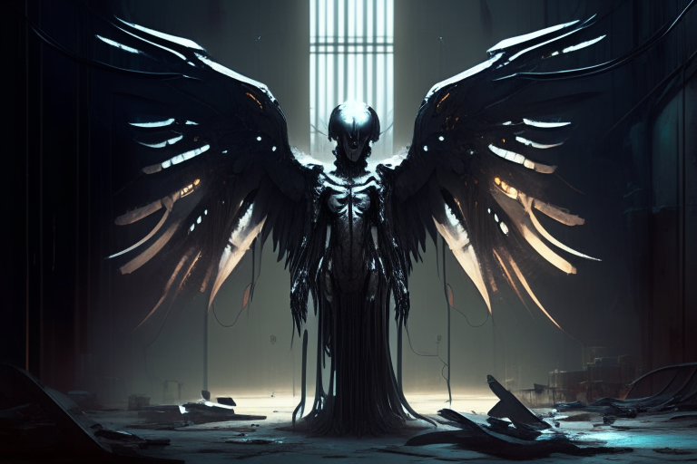 An Angel of Death Android with metallic wings emitting a surreal glow, standing in a dystopian industrial environment. The Android has an ethereal beauty but an ominous aura. Its sleek, streamlined body reflects the grim surroundings. Divine symbolism is juxtaposed with advanced technology.