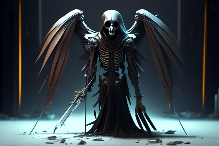 a robot grim reaper with a metallic skeletal body and wielding a scythe, rendered in the style of image 1