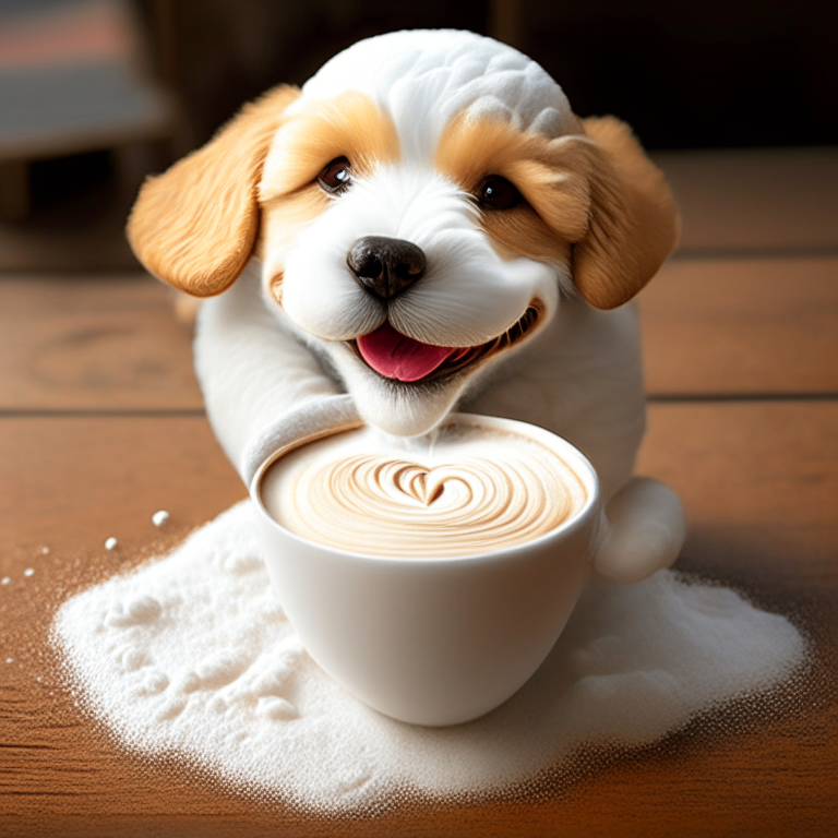 a happy puppy drinking a latte with heart-shaped foam art