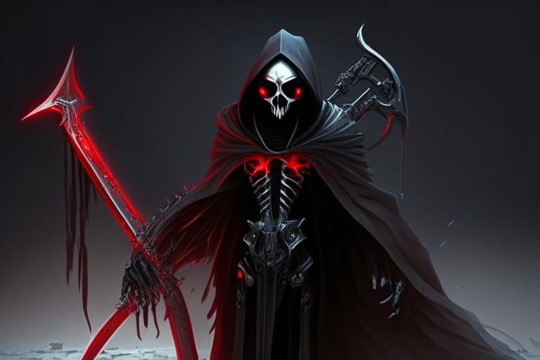 a humanoid robot grim reaper, holding a scythe, black cloak, skeletal metal body, red eyes glowing