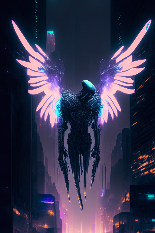 An Angel of Death Android, ethereal yet ominous, wings crafted from machinery glowing with a surreal light, body sleek, metallic and reflective, set against a gritty cityscape under a neon-lit sky, extending a mechanical hand in a moment of judgement or mercy.