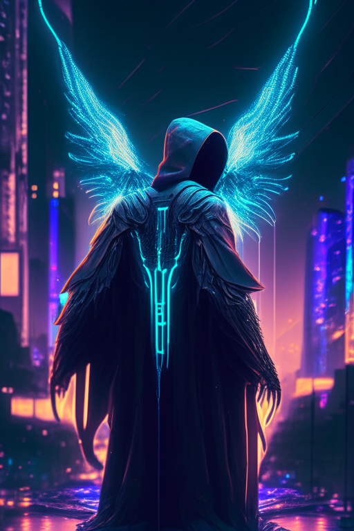 An Angel of Death Android, ethereal yet ominous, robes crafted from kevlar, body sleek, metallic and reflective, set against a gritty cityscape under a neon-lit sky.