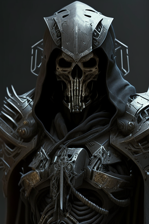power armored reaper. Thick metal plates for maximum protection, skulls, and other Gothic embellishments, Tubes and cables connecting the armor to a power source, A helmet with a visor and breathing apparatus, The insignia of the reaper