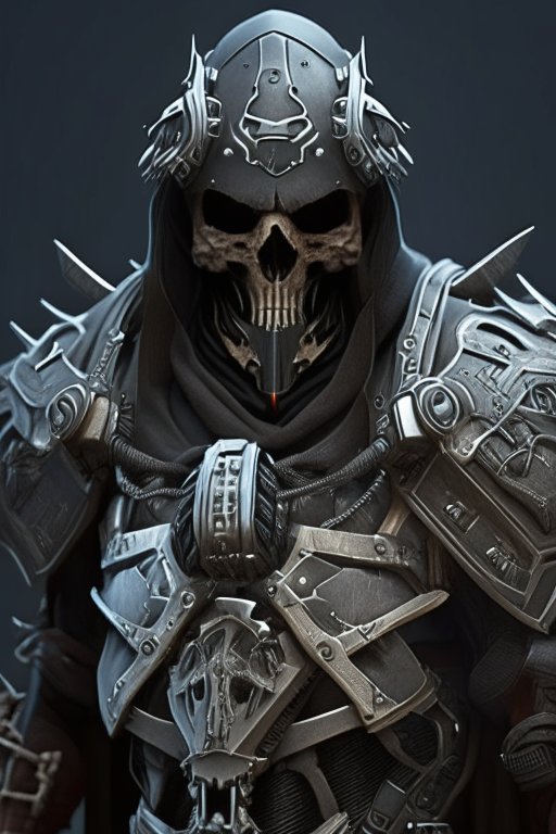 power armored reaper. Thick metal plates for maximum protection, skulls, and other Gothic embellishments, Tubes and cables connecting the armor to a power source, A helmet with a visor and breathing apparatus, The insignia of the reaper