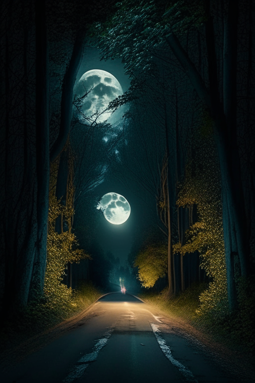 a forest street under the moon light