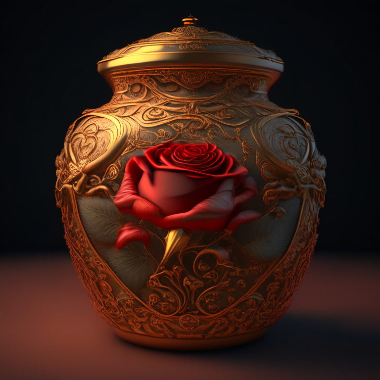 a red rose inside an ornate golden jar with intricate engravings, realistic lighting, masterpiece, 4k