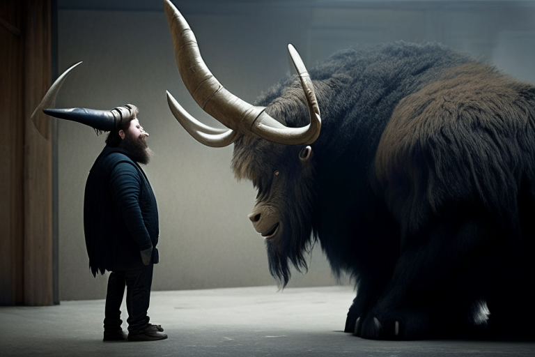 a man talking to a large furry beast with horns