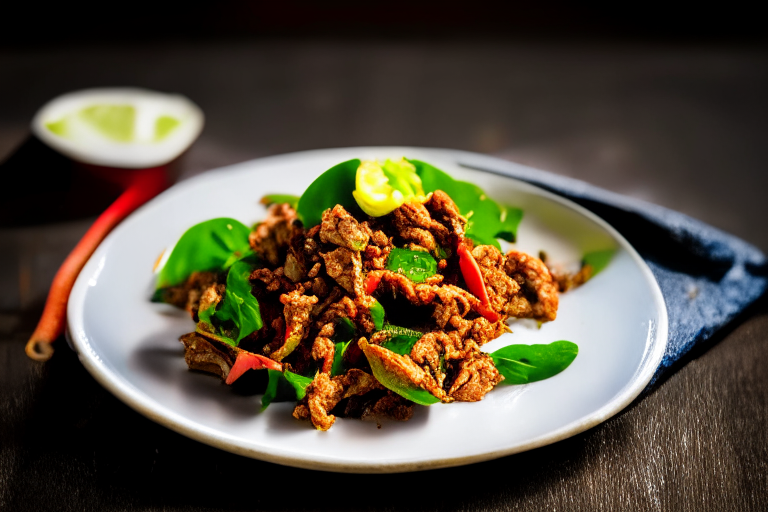 Pad Krapow Moo (Thai Basil Pork Stir-Fry) on a round plate, bright studio lighting, razor-sharp focus, filling the frame, minimal plate visible, Thai silk placemat, ceramic spoon and fork, chili peppers and lime wedges as garnish