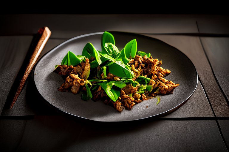 Pad Krapow Moo (Thai Basil Pork Stir-Fry) on a square plate, bright studio lighting, razor-sharp focus, filling the frame, minimal plate visible, woven rattan placemat, stainless steel chopsticks, kaffir lime leaves as garnish