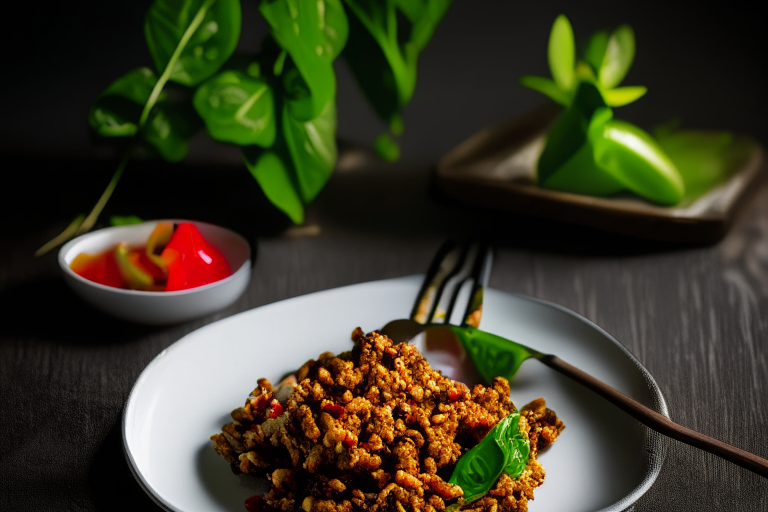 Pad Krapow Moo (Thai Basil Pork Stir-Fry) on a round plate, bright studio lighting, razor-sharp focus, filling the frame, minimal plate visible, Thai silk placemat, ceramic spoon and fork, chili peppers and lime wedges as garnish