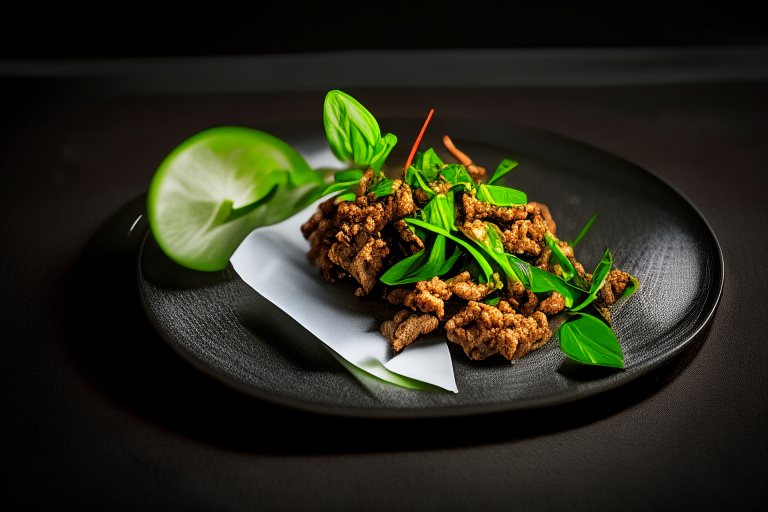Pad Krapow Moo (Thai Basil Pork Stir-Fry) on a square plate, bright studio lighting, razor-sharp focus, filling the frame, minimal plate visible, woven rattan placemat, stainless steel chopsticks, kaffir lime leaves as garnish