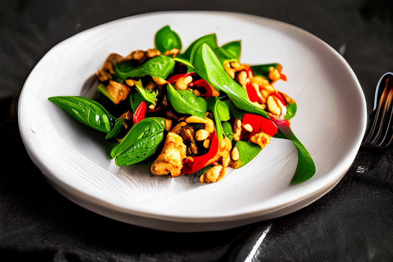 Pad Kra Pao Gai (Thai Basil Chicken Stir-Fry) on a round plate, bright studio lighting, razor-sharp focus, filling the frame, minimal plate visible, Thai silk placemat, ceramic spoon and fork, chili peppers and lime wedges as garnish