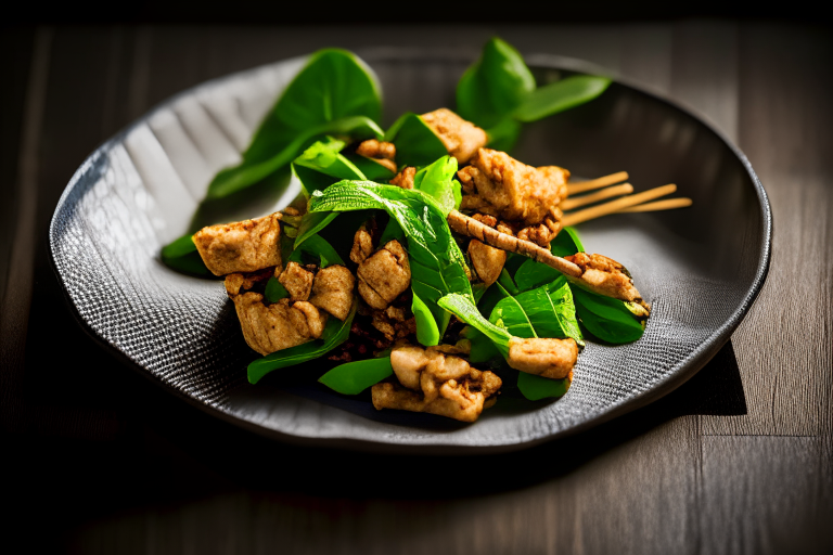 Pad Kra Pao Gai (Thai Basil Chicken Stir-Fry) on a square plate, bright studio lighting, razor-sharp focus, filling the frame, minimal plate visible, woven rattan placemat, stainless steel chopsticks, kaffir lime leaves as garnish