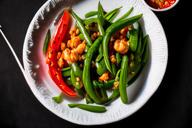 Pad Prik Khing Goong (Thai Stir-Fried Spicy Green Beans with Shrimp) on a round plate, bright studio lighting, razor-sharp focus, filling the frame, minimal plate visible, Thai silk placemat, ceramic spoon and fork, chili peppers and lime wedges as garnish